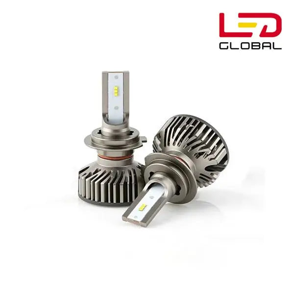 H1 LED Bulb Pair with Canbus (12v - 24v), featuring blade-style LED emitters, aluminum heat sinks, and “LED Global” logo, suitable for high-performance lighting.