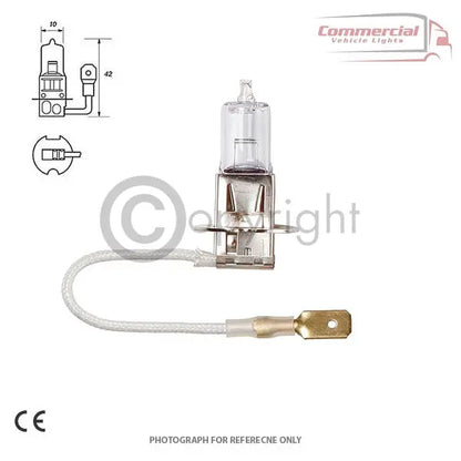 H3 R495 24V 100W Fog-light & Headlight Bulbs x 10, featuring a clear glass capsule, metal bracket, lead-wire with terminal, and dimension sketch. CE approved for heavy-duty vehicles.