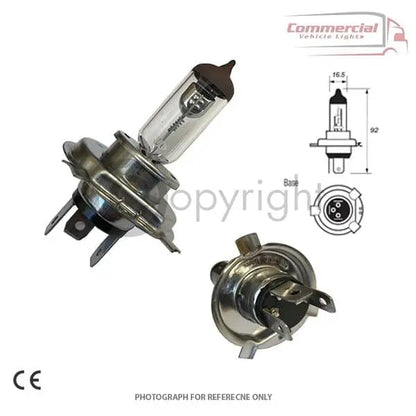 Ring R475 H4 70W 24V bulb pack showing glass capsule with filament, metal base, and dimensional drawing for vehicle lighting, including 10 bulbs for trucks and trailers.