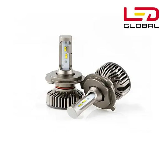 H4 LED Bulb Pair with Canbus (12/24V), featuring aluminum heatsinks, cooling fans, and the “LED Global” logo, designed for off-road use with high brightness and efficiency.