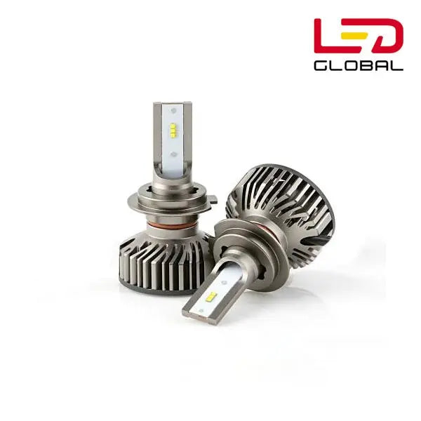H7 LED Bulb Pair with Canbus (12/24V) featuring flat LED chips, circular mounting flange, large finned aluminum heatsink, and LED Global branding, for automotive headlamp use.