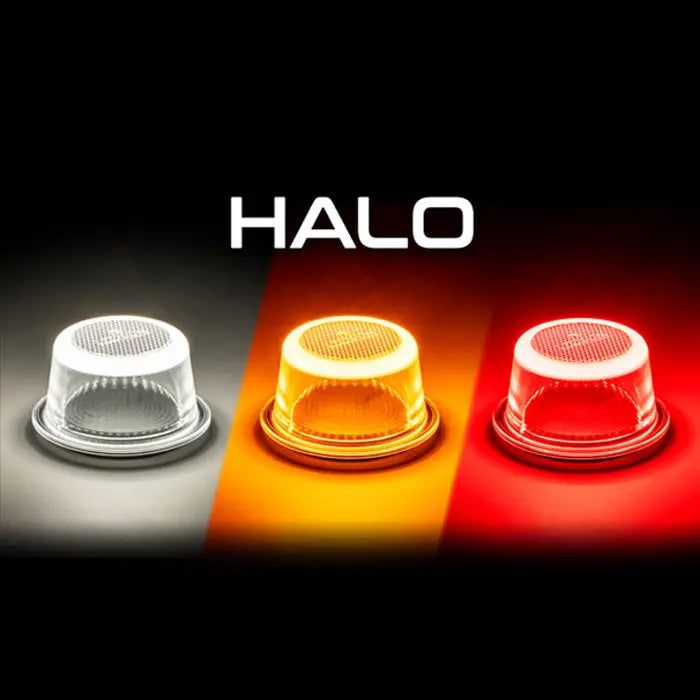 LEDSON Halo Position Light, featuring three LED dome lights in white, amber, and red, showcasing a modern Swedish design with advanced, durable LED technology.