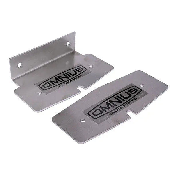 Stainless-steel Double Burner Mounting Plates by Ledson/Hella, featuring OMNIUS Truckparts logo, countersunk holes, and bends for attaching accessories to truck frames.