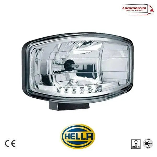 HELLA Jumbo 320 FF Spot Light with clear lens, black housing, integrated LEDs, compatible with 12/24V vehicles, featuring shockproof and waterproof design.