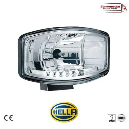 HELLA Jumbo 320 FF Spot Light with clear lens, black housing, integrated LEDs, compatible with 12/24V vehicles, featuring shockproof and waterproof design.