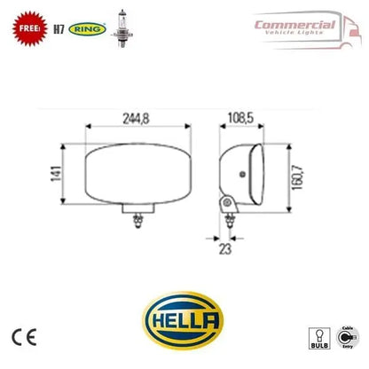 HELLA Jumbo 320 FF Spot Light diagram displaying dimensions, CE mark, Hella logo, FREE! H7 call-out, Commercial Vehicle Lights header, and icons for bulb inclusion and cable entry.