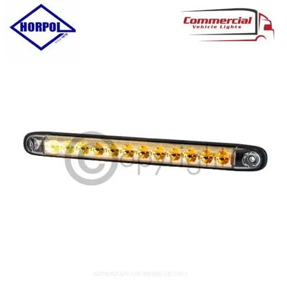 Slim Dynamic LED Indicator 257 mm by HORPOL, featuring amber LEDs in clear/black housing, for commercial vehicles. Suitable for 12V/24V systems, shock and water-resistant.