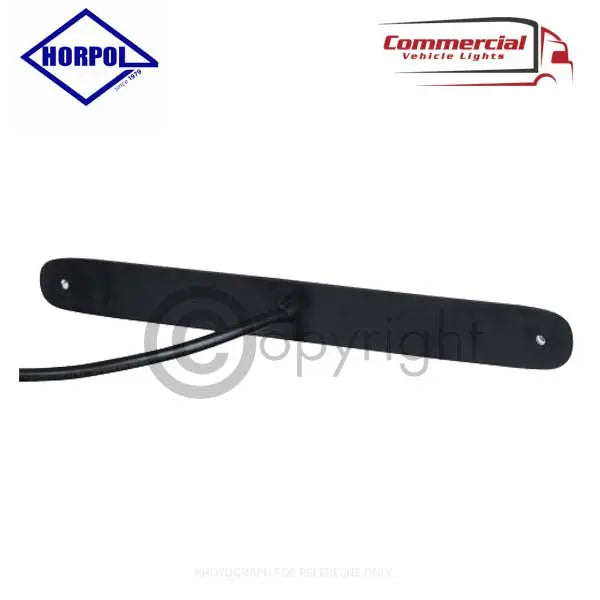 Slim Dynamic LED Indicator 257 mm, black rectangular bracket with pigtail cable, two fixing holes. Used for trucks; shock, water, dust resistant.