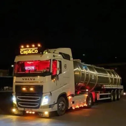 Volvo semi-truck with a 105x30x15cm Standard Dutch Style Illuminated LED Headboard displaying “Cap&Co.”, featuring bright white LEDs for enhanced visibility.
