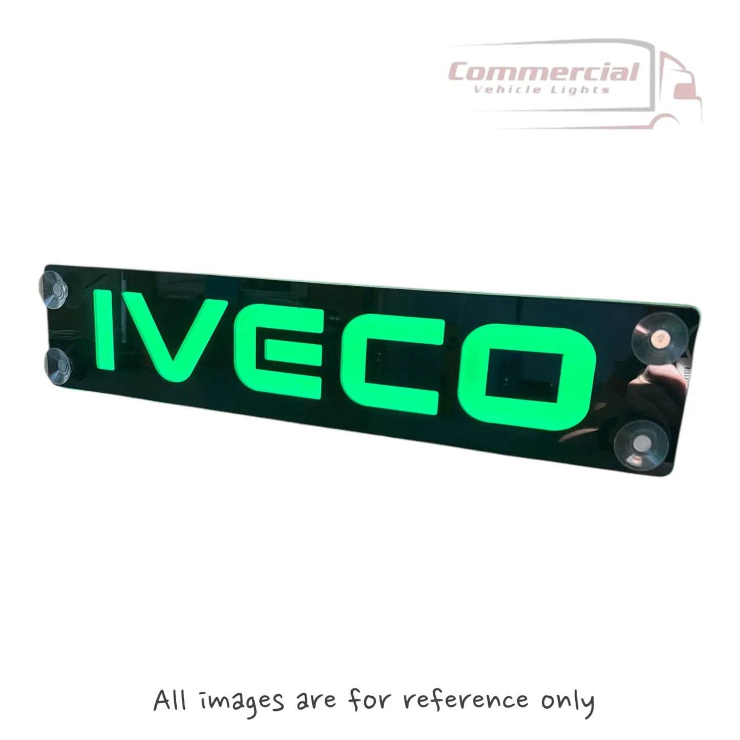 IVECO DAILY LED Dash Table with illuminated acrylic sign, green lettering, suction-cup mounts, and Velcro fastening for vehicles (2006-20-), by UAB “Fitmenta.”