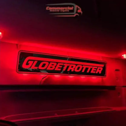 Volvo Globetrotter Mirror Fh Fm Fmx / Light Board on a commercial truck's rear, illuminated by red LED lights, featuring a GLOBETROTTER sign.