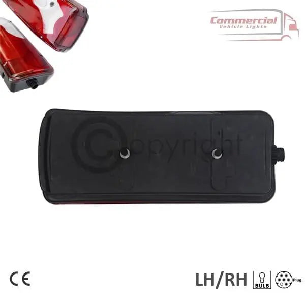 Scania R Series Tail Lights 2004 with Side DIN Connector, showing red lens, black mounting plate, bolt holes, and electrical connector; CE-approved for versatile mounting.