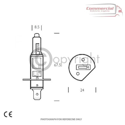 Technical drawing of Ring R466 H1 24v 70w Headlight, Worklamp & Beacon Bulbs x 10, showing bulb dimensions, metal collar, and CE approval mark.
