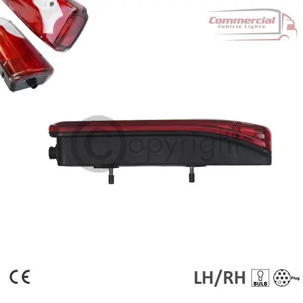 Scania R Series Tail Lights Lens, showcasing a side-profile of the CE-marked LH/RH assembly with mounting studs, bulb housing, and multi-pin plug for trucks or trailers.