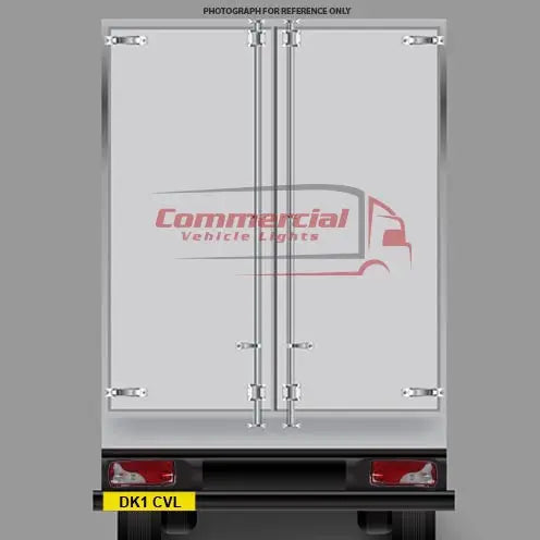 Illustration of Scania R Series Tail Lights 2004 with Side DIN Connector on a delivery van's rear doors, highlighting barn-style doors, lights, and logo.