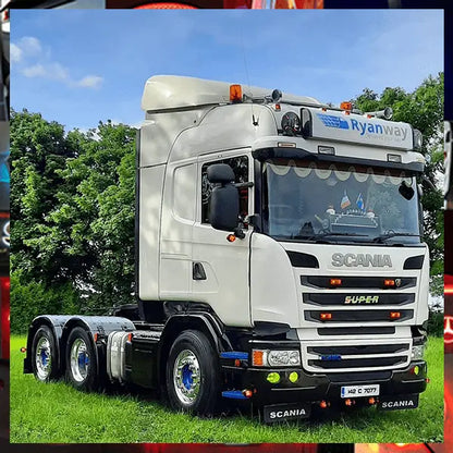 White Scania Super tractor unit with Ryanway branding, featuring chrome wheels and a high-roof sleeper cab, showcasing a 105x30x15cm Standard Dutch Style Illuminated LED Headboard.