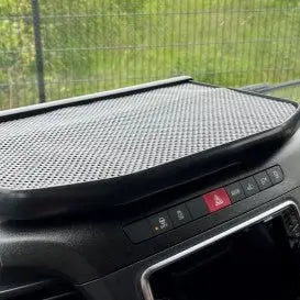 IVECO DAILY LED Dash Table (2006-20-) featuring a non-slip mat, control switches, and LED window sign with remote dimming, fits securely with Velcro.