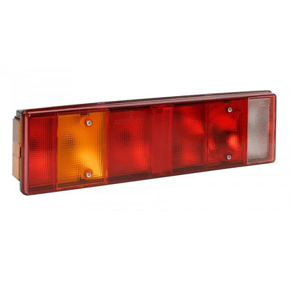 7 Function Combination Lamp Connector Socket Rear Wired with red, amber, and clear lenses, integrated reflector; designed for various trucks and trailers.