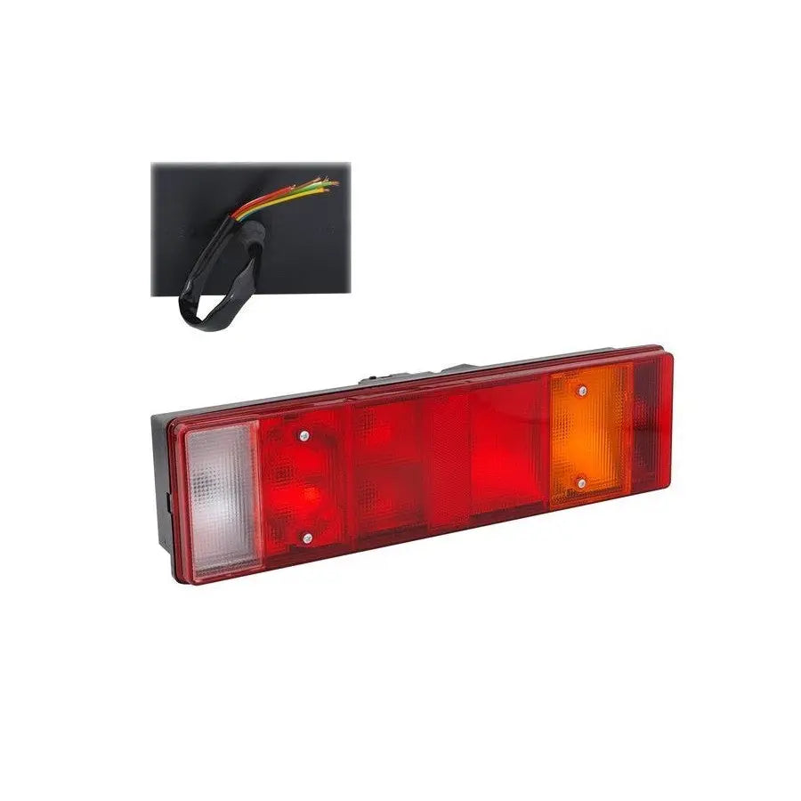 7 Function Combination Lamp Connector Socket Rear Wired with integrated reflectors; includes white reverse, red tail/brake, amber turn sections, and multi-colored wiring for easy installation.