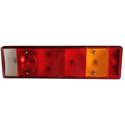 7 Function Combination Lamp Connector Socket Rear Wired featuring multi-sectioned lenses: reverse, tail/brake, reflector, turn signal, integrated reflector; suitable for various trucks and trailers.