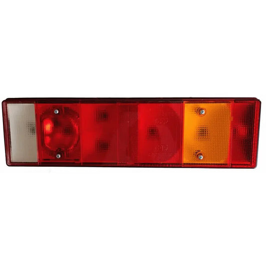 7 Function Combination Lamp Connector Socket Rear Wired featuring multi-sectioned lenses: reverse, tail/brake, reflector, turn signal, integrated reflector; suitable for various trucks and trailers.