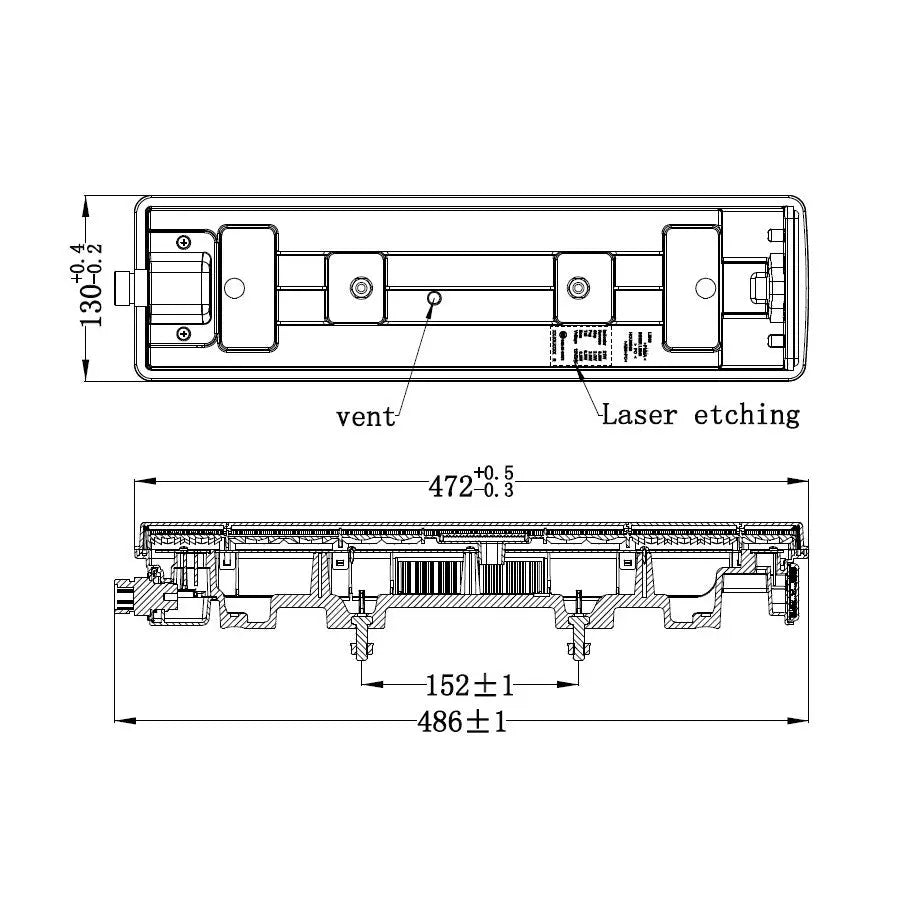 7 Function LED Combination Lamp Din Side Connector shown in a detailed CAD drawing with orthographic views, highlighting mounting areas, vent, and laser etching section.
