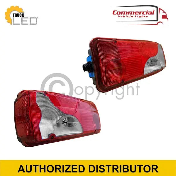 Scania R Series Tail Lights 2004 with Side DIN Connector, featuring red and clear lenses, 7 functions, ABS plastic, shockproof, waterproof.