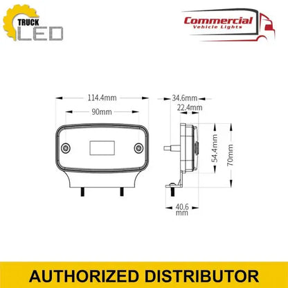 LED Side Marker Lamp Orange With Reflector, 115mm, showing front and side views with dimensions, mounting screws, and lens area for commercial vehicles.
