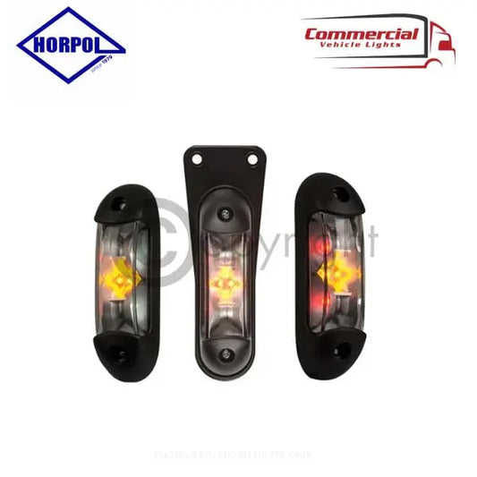 Led 3 Way Outline Marker Light LD2167 by HORPOL, showing three black-housed amber-LED lamps, front and side views, designed for 12-24V commercial vehicles.