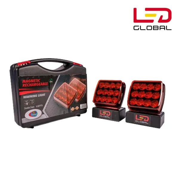 LED Magnetic Rechargeable Warning Strobe Kit LG773 featuring two square red-lens LED lamps with 3×3 arrays, magnetic bases, and a carry-case for vehicle safety.