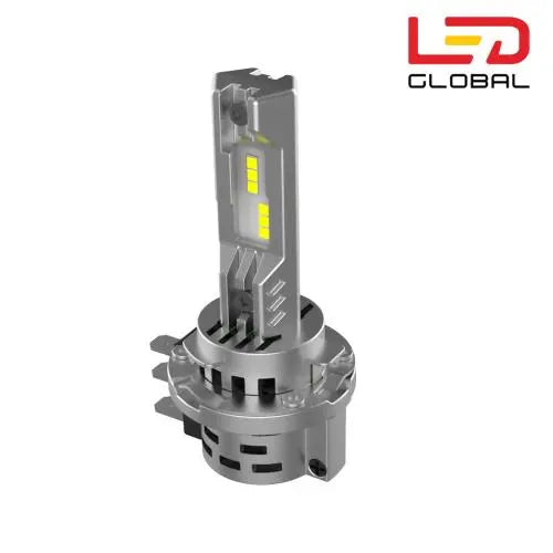LED Bulb Type H15 Pair (12V), featuring a metal heatsink, multiple LED chips, and LED Global logo. Includes built-in fan for enhanced brightness and heat dissipation.