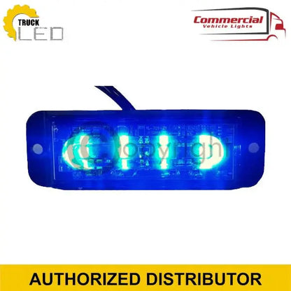 4 LED Blue Strobe Warning Light 12/24v in a rectangular housing, featuring three bright LEDs, mounting holes, and power cable; authorized distributor banner displayed.