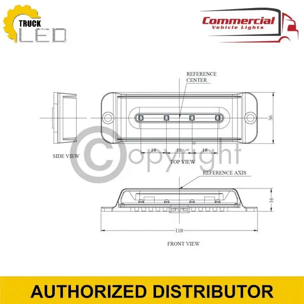 4 LED Blue Strobe Warning Light 12/24v with three LEDs in sealed housing, orthographic views, mounting ears, dimensions, and branding visible.