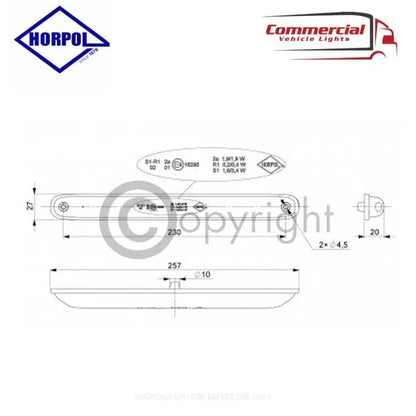 Slim Dynamic LED Indicator 257 mm: Technical drawing showing front, side, and top views with dimensions, mounting details, and E-mark approvals for commercial vehicle use.