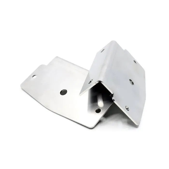 Stainless-steel angle brackets with pre-drilled holes, part of Double Burner Mounting Plates Ledson/Hella, for reinforcing flat surfaces at right angles.