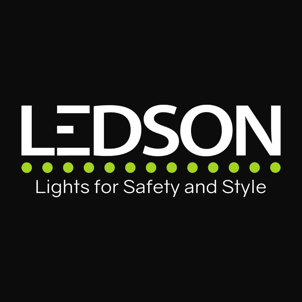 LEDSON Halo Position Light logo with bold text, green dots, and tagline, highlighting its modern, energy-efficient design compatible with most vehicle installations.