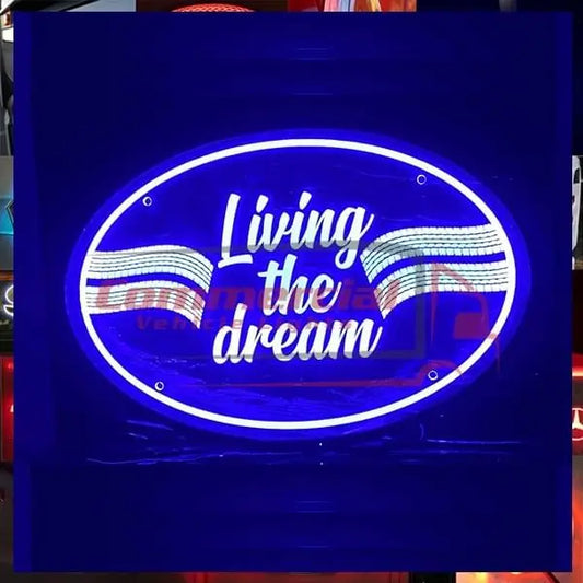 “Living The Dream Plexi Glass Light Board with blue neon script and stripes, designed for truck interiors, featuring LED RGB lighting and remote control.”