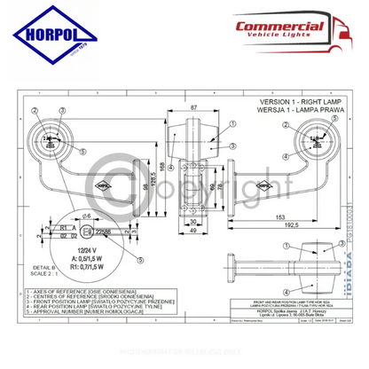 Technical drawing of Long Arm Old School Marker Light Neon Amber-Red Horpol, showing right-hand rear lamp assembly with dimensions, homologation markings, and mounting details.