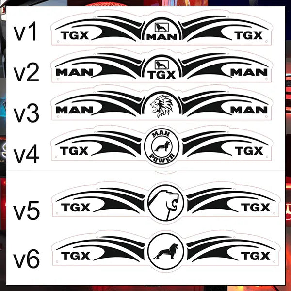 MAN Interior Truck Mirror 1000x180mm, showcasing six black and white decal options featuring MAN and TGX logos with central emblems, enhancing truck cabin styling.