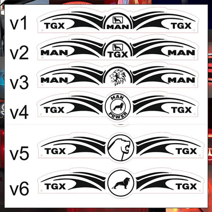 MAN Interior Truck Mirror 1000x180mm, showcasing six black and white decal options featuring MAN and TGX logos with central emblems, enhancing truck cabin styling.