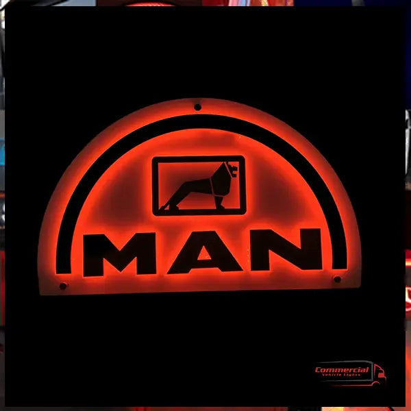 MAN 3D Truck Light Board with red glow, featuring stylized lion logo, bold MAN letters, and semi-circular arch; includes fuse-equipped cigarette lighter plug.