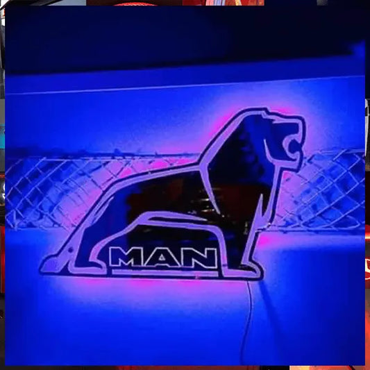Stylized lion logo glowing, representing MAN Interior Truck Mirror for commercial vehicles, featuring LED RGB lighting and remote control for custom interior styling.