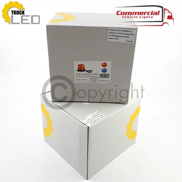 Two stacked cardboard boxes with yellow gear logos and labels for a Led Flashing Beacon/Warning Lamp With Magnetic Base 12/24 V, indicating amber LED truck beacon contents.
