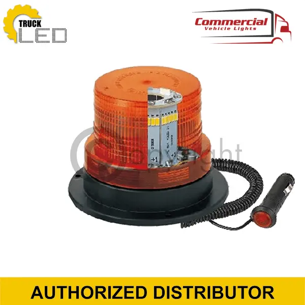 LED Flashing Beacon/Warning Lamp with Magnetic Base 12/24 V, featuring an amber lens, 40 LEDs, and a magnetic base, ideal for commercial vehicles.