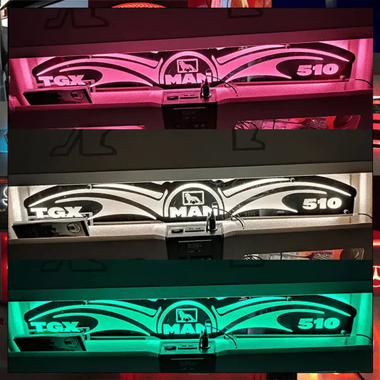 Three stacked illuminated MAN TGX 510 truck grille nameplates, showcasing red, white, and green lighting, emphasizing the MAN Interior Truck Mirror 1000x250mm's stylish custom design.
