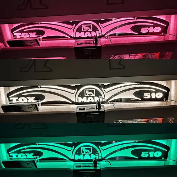 MAN Interior Truck Mirror 1000x180mm featuring illuminated TGX 510 badge in RGB colors, with CB-radio handset below. Compatible with 12/24V vehicles.