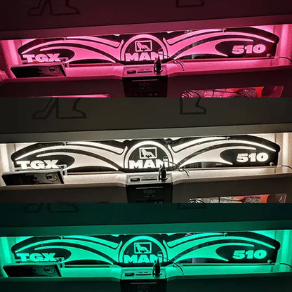 MAN Interior Truck Mirror 1000x180mm featuring illuminated TGX 510 badge in RGB colors, with CB-radio handset below. Compatible with 12/24V vehicles.
