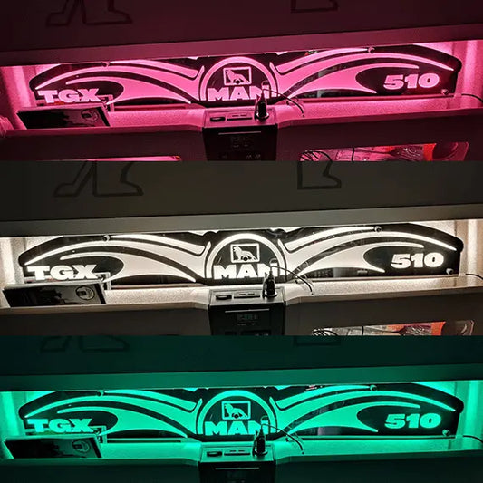 MAN Interior Truck Mirror 1000x180mm featuring illuminated TGX 510 badge in RGB colors, with CB-radio handset below. Compatible with 12/24V vehicles.