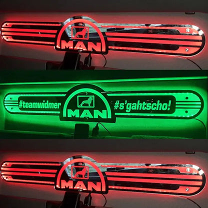 Custom MAN Interior Truck Mirror 1000x250mm with LED RGB lighting, toughened mirrored Perspex, and remote control, designed for 12/24V vehicle compatibility.