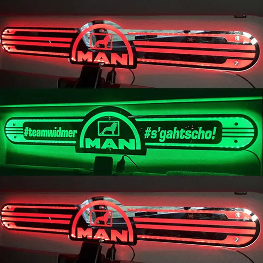 Custom MAN Interior Truck Mirror 1000x250mm with LED RGB lighting, toughened mirrored Perspex, and remote control, designed for 12/24V vehicle compatibility.